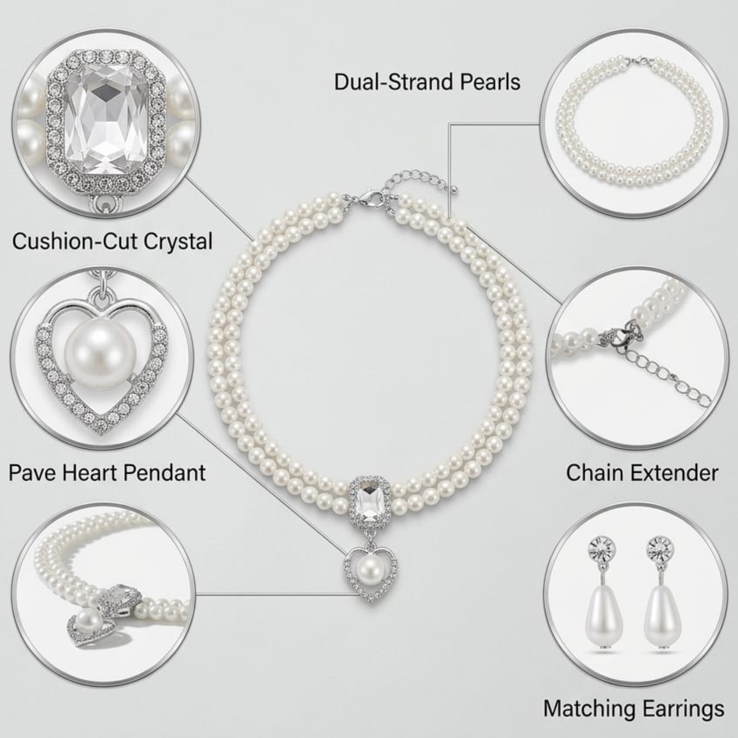 Elegant Dual-Strand Pearl Choker Necklace with Crystal Cushion & Pavé Heart Pendant – Includes Matching Teardrop Earrings