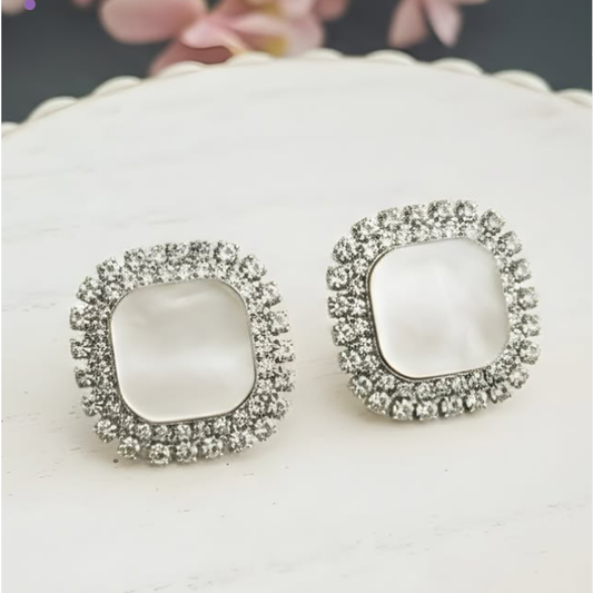 Modern Glint Earrings for Women – Soft Iridescent Square Pearl Studs in Clear Finish | Elegant Minimal Luxury Jewelry