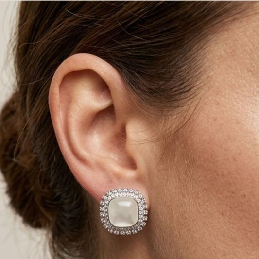 Modern Glint Earrings for Women – Soft Iridescent Square Pearl Studs in Clear Finish | Elegant Minimal Luxury Jewelry