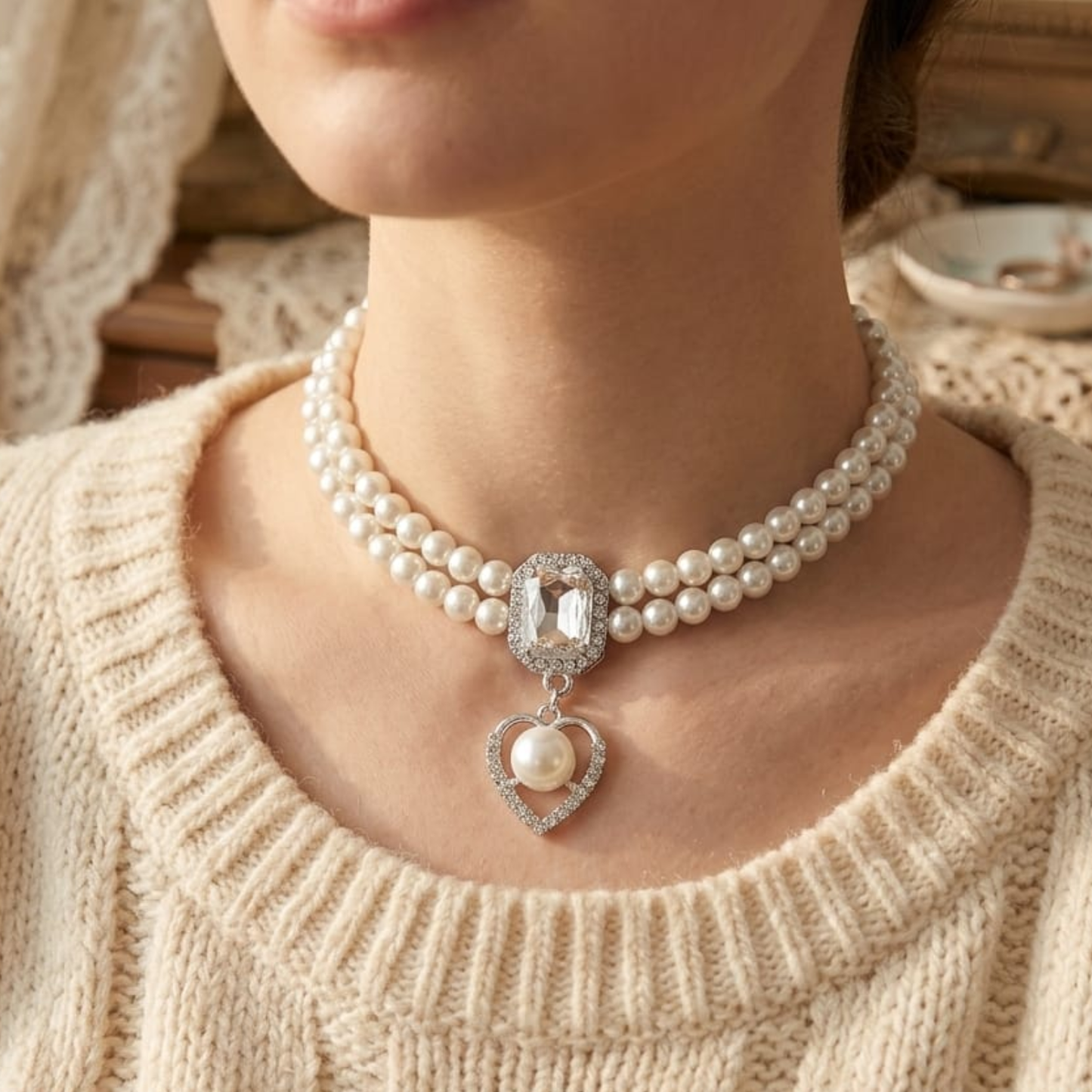 Elegant Dual-Strand Pearl Choker Necklace with Crystal Cushion & Pavé Heart Pendant – Includes Matching Teardrop Earrings