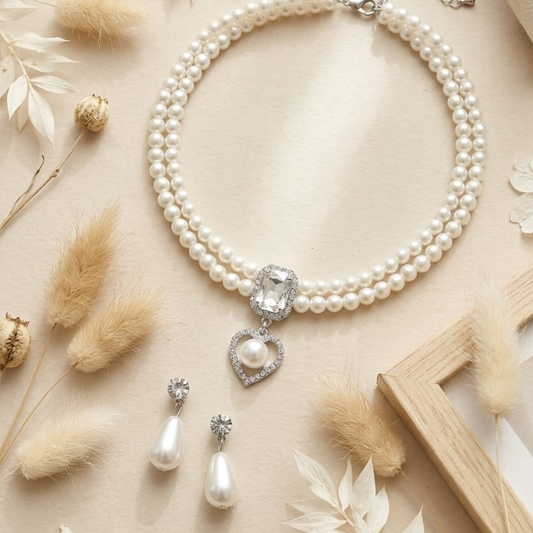 Elegant Dual-Strand Pearl Choker Necklace with Crystal Cushion & Pavé Heart Pendant – Includes Matching Teardrop Earrings