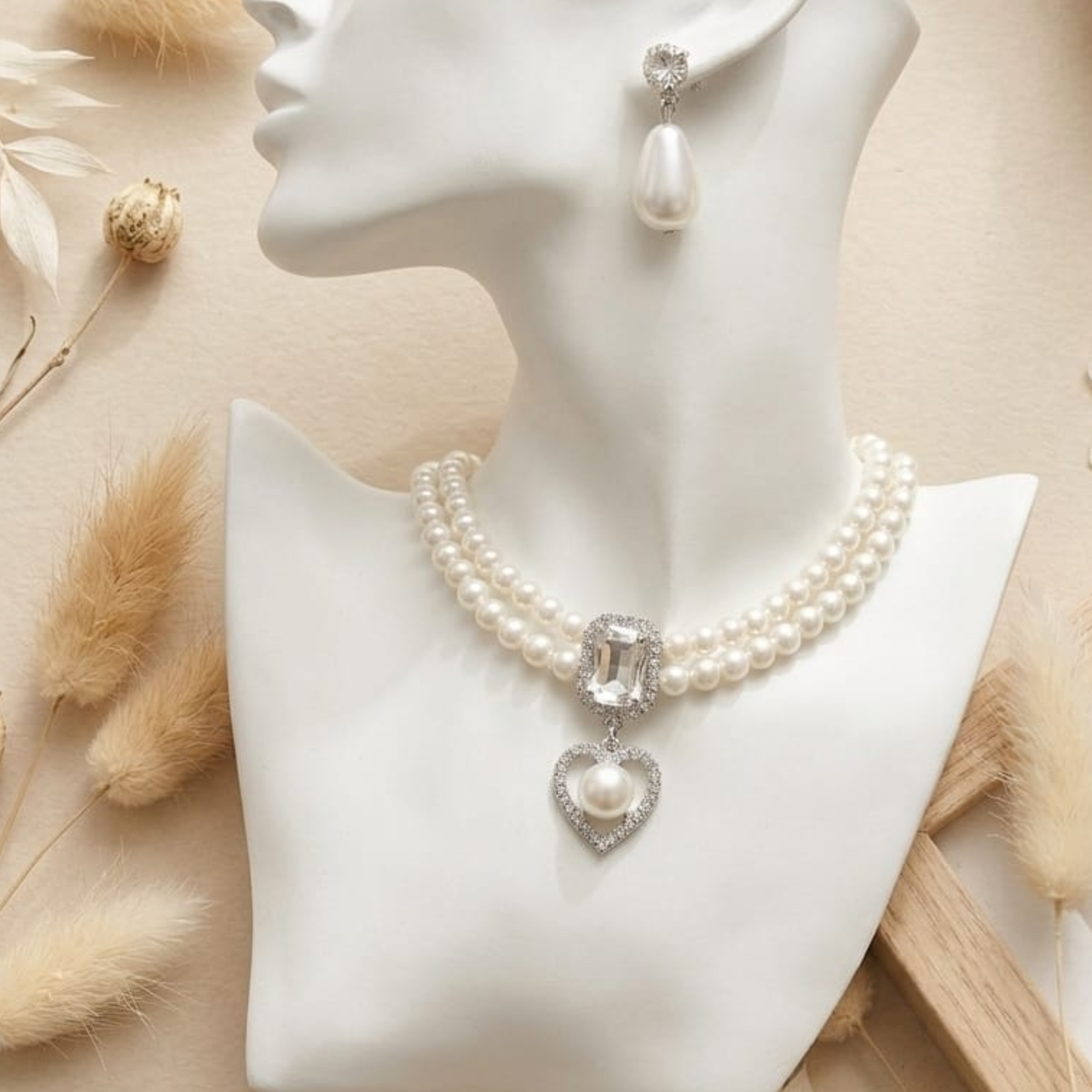 Elegant Dual-Strand Pearl Choker Necklace with Crystal Cushion & Pavé Heart Pendant – Includes Matching Teardrop Earrings