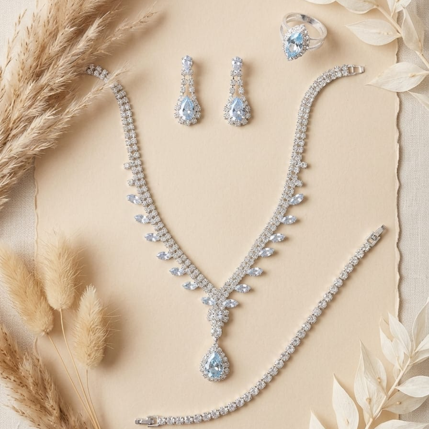 Crystal Affair Sparkling Silver Crystal Jewelry Set – Necklace, Earrings, Bracelet & Marquise Ring