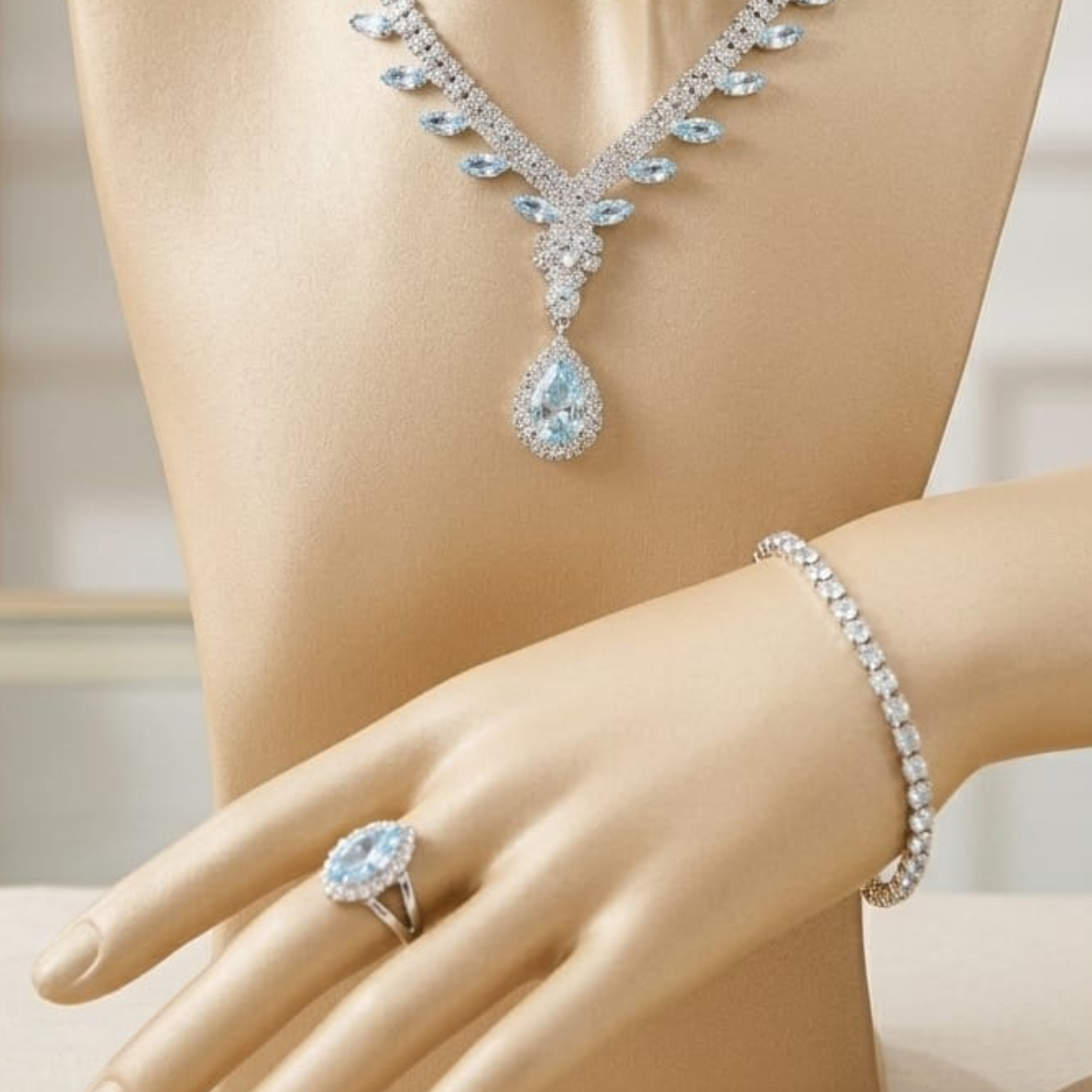 Crystal Affair Sparkling Silver Crystal Jewelry Set – Necklace, Earrings, Bracelet & Marquise Ring