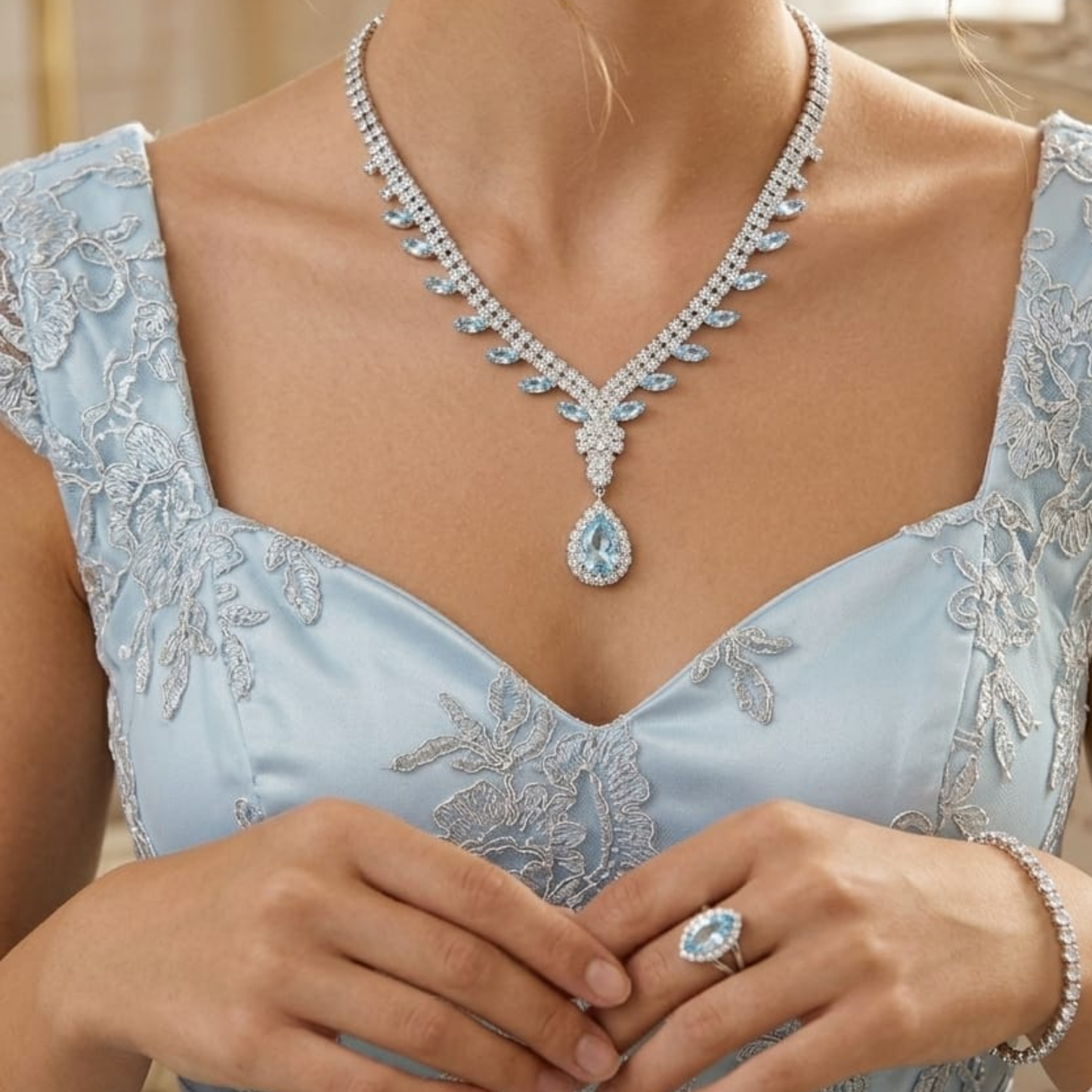 Crystal Affair Sparkling Silver Crystal Jewelry Set – Necklace, Earrings, Bracelet & Marquise Ring