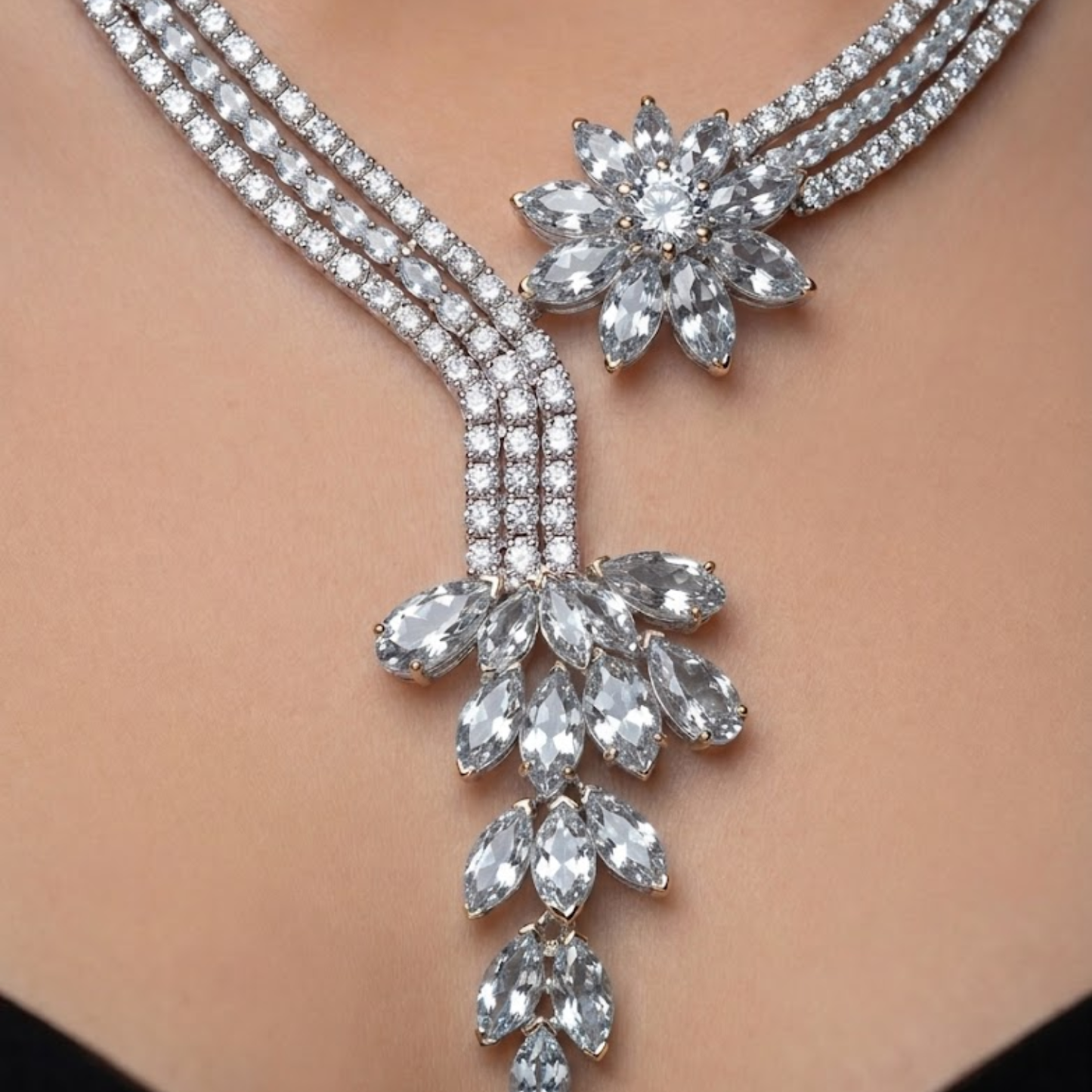 Exquisite Marquise-Cut Triple Stone Engagement Ring & Vintage-Inspired Necklace Set