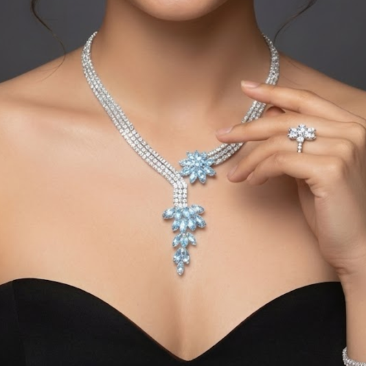 Exquisite Marquise-Cut Triple Stone Engagement Ring & Vintage-Inspired Necklace Set