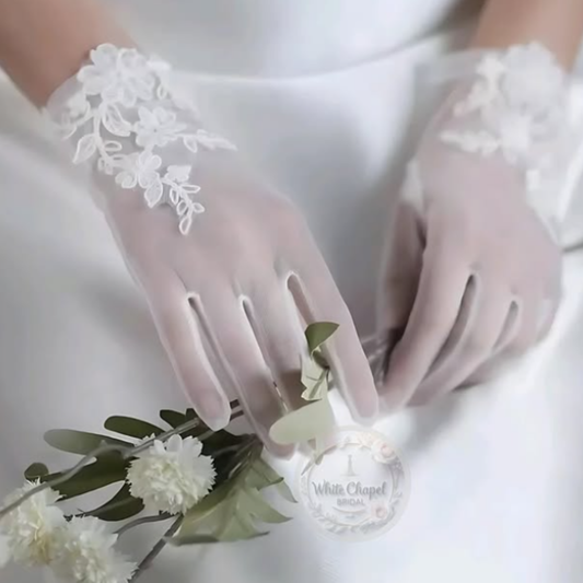 Short Sheer Bridal Gloves with Lace Appliqué – Wrist Length Floral Tulle Wedding Gloves